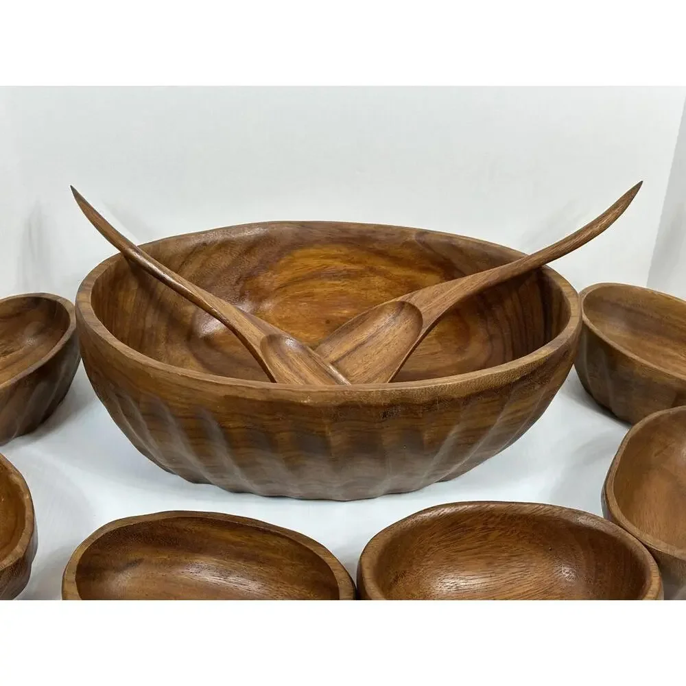Vintage Wavy Oval Real Teak Wood Salad‎ Bowl Set Gorgeous Wood Grain 9 Niece